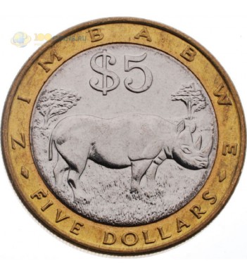 Монета Зимбабве 2001 год 5 долларов Носорог