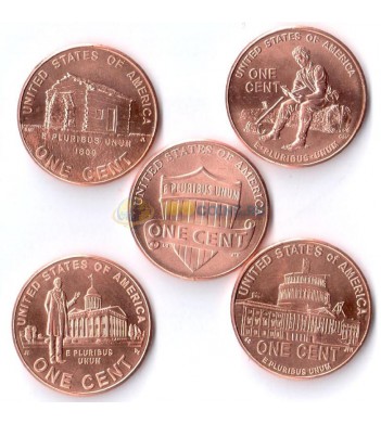 США Набор 5 монет 1 цент Жизнь Линкольна (P)