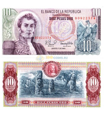 Колумбия бона 10 песо 1980