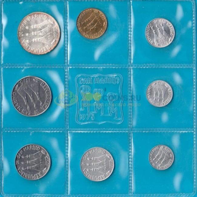 Всего восемь монет по 5. Годовые набор монет Сан Марино 1975. Запайка монет. Набор монет Сан Марино 1985 года. Упаковки годовых наборов монет Сан-Марино.