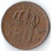 Бельгия 1959 20 сантимов BELGIQUE