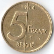 Бельгия 1994 5 франков BELGIE