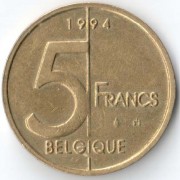 Бельгия 1994 5 франков BELGIQUE