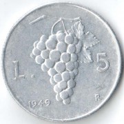 Италия 1949 5 лир Виноград