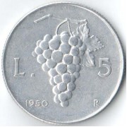 Италия 1950 5 лир Виноград